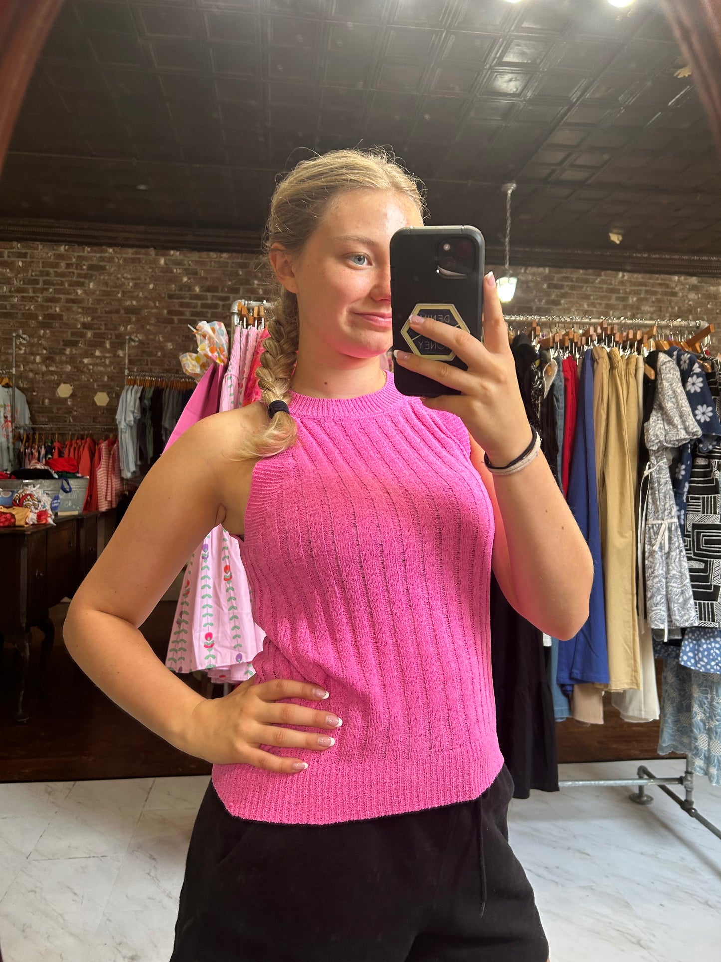 Halter Crochet Knit Tank Top - fuchsia