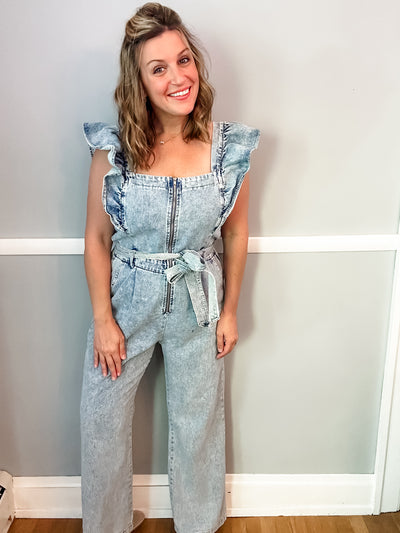 Denim Jumpsuit with Flutter Sleeves