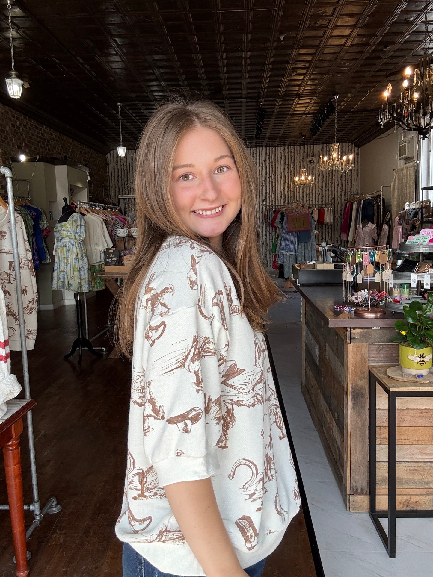 Western Print Short Sleeve Drop Shoulder Knit Top