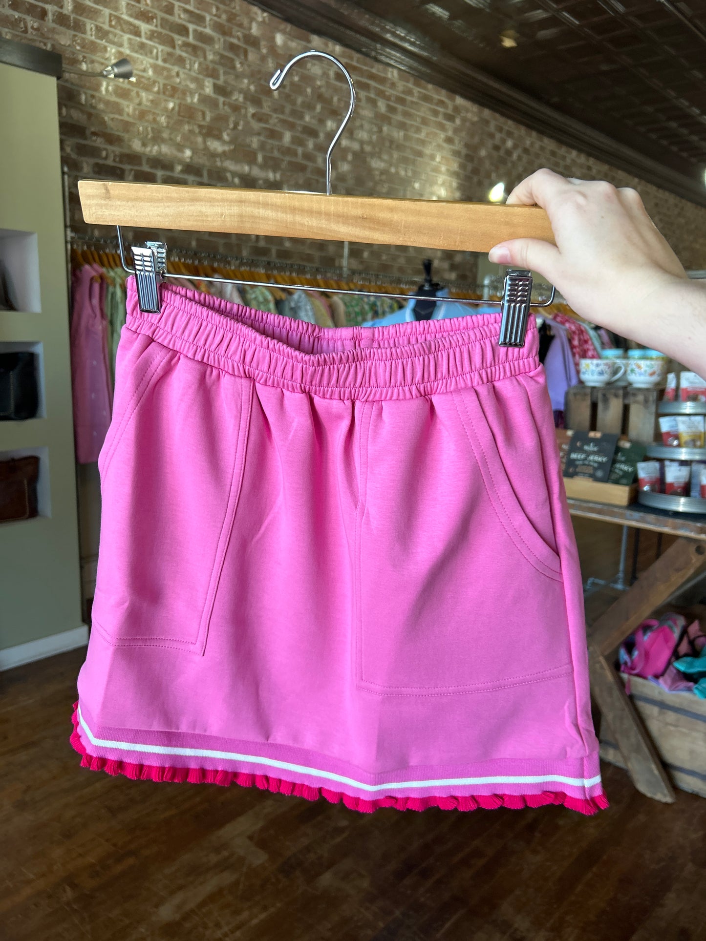 Pink Sweat Skirt with Tassel Trim