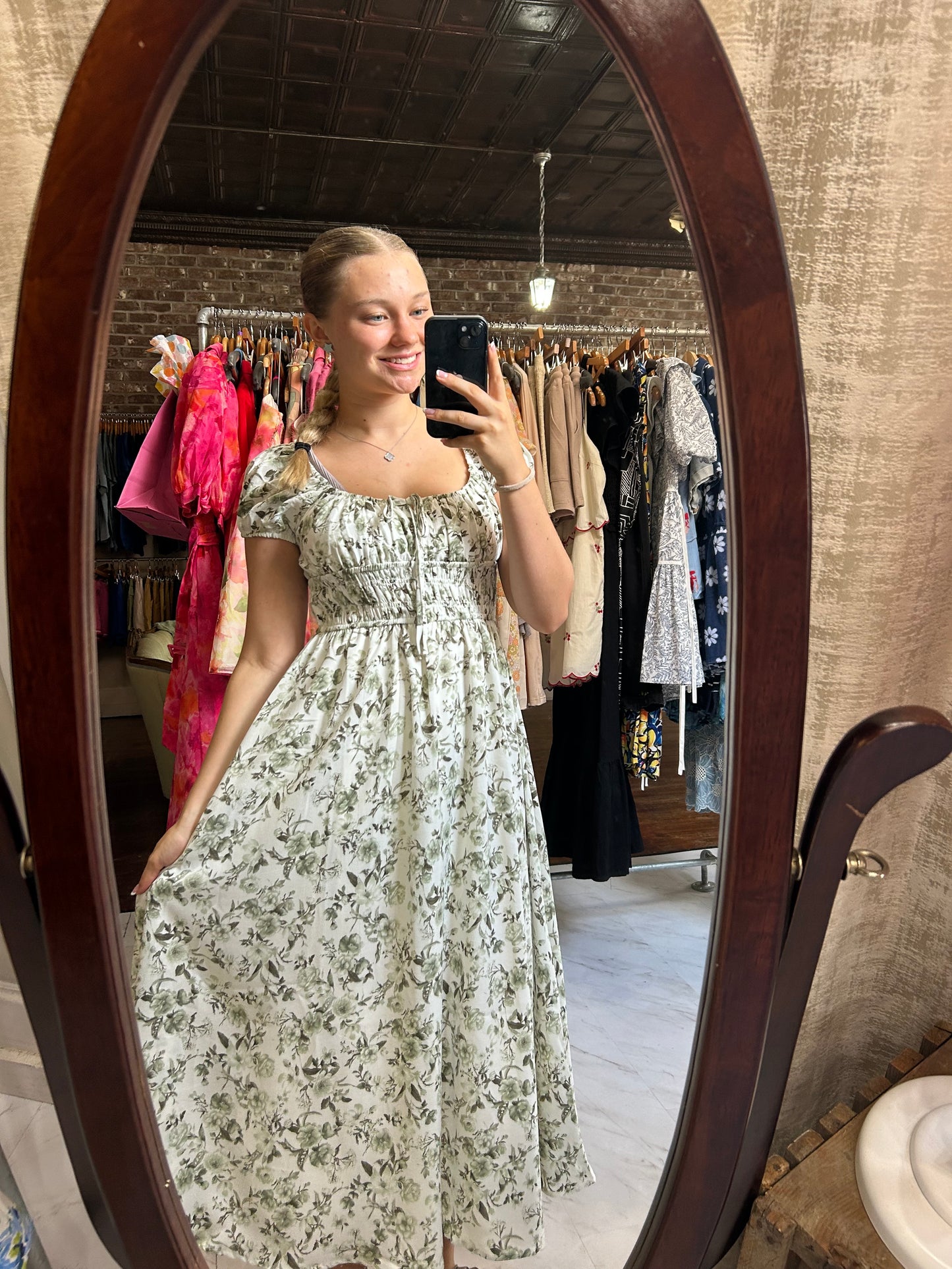 FLORAL TOILE FRONT TIE SHORT SLEEVE MIDI DRESS - Olive