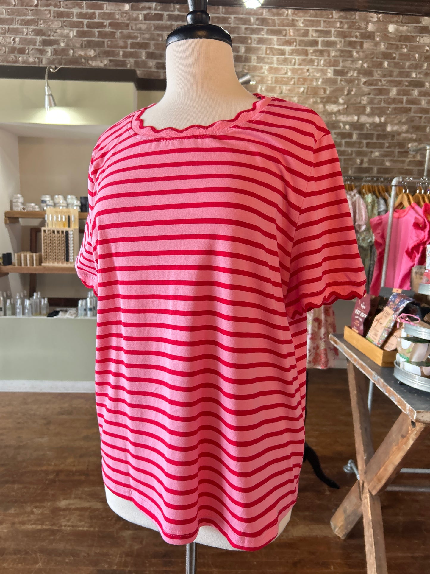 Stripe Scalloped Trim Round Neck T Shirt | S-Xl - Pink