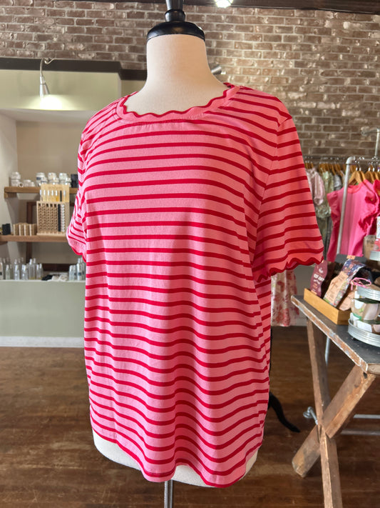 Stripe Scalloped Trim Round Neck T Shirt | S-Xl - Pink