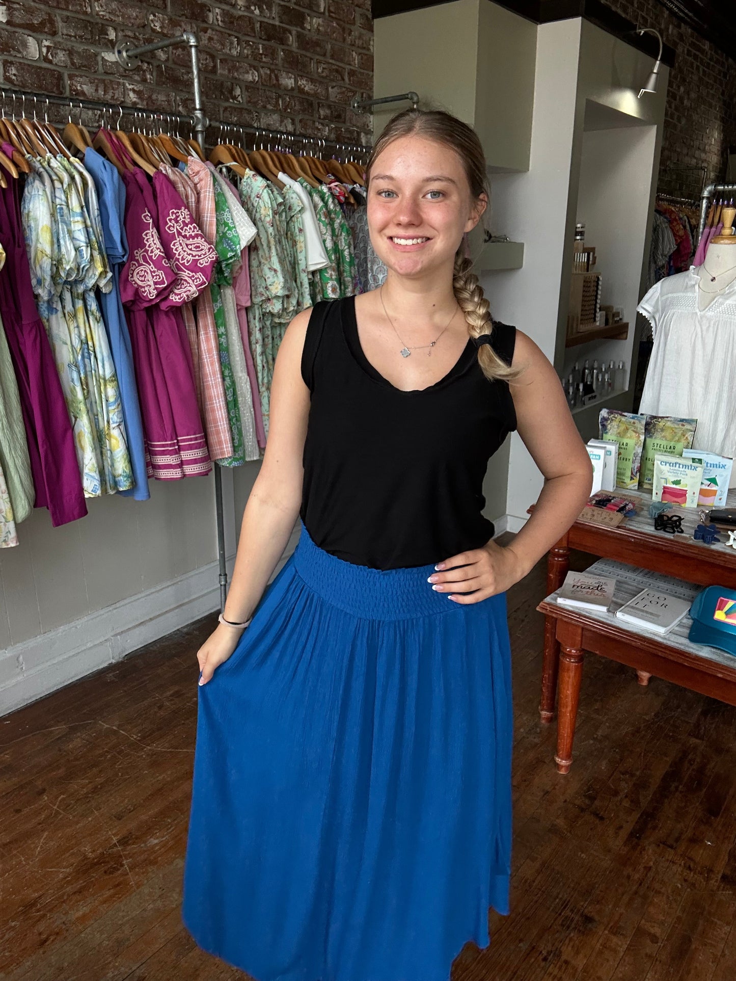 Woven Crinkle Smocked Waist Side Slit Maxi Skirt with Pockets - Classic Blue