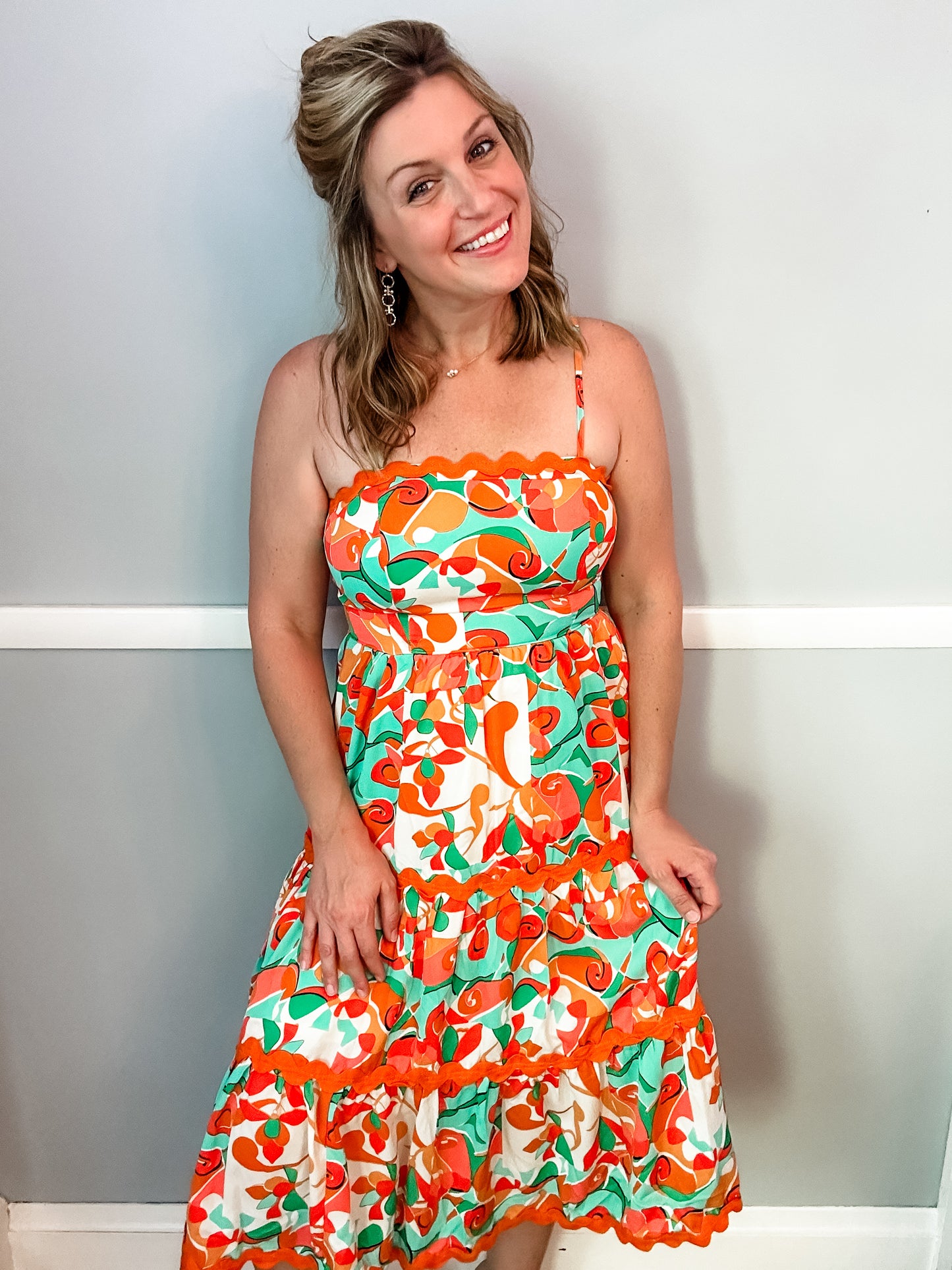 Jade and Orange Ric Rac Midi Dress