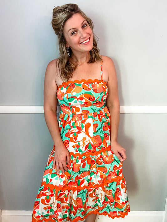 Jade and Orange Ric Rac Midi Dress