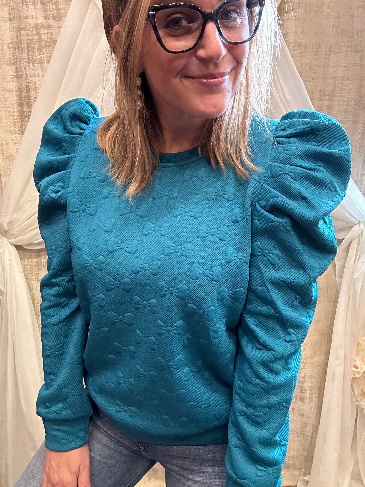 Teal Embroidered Bow Sweatshirt with Puff Sleeves