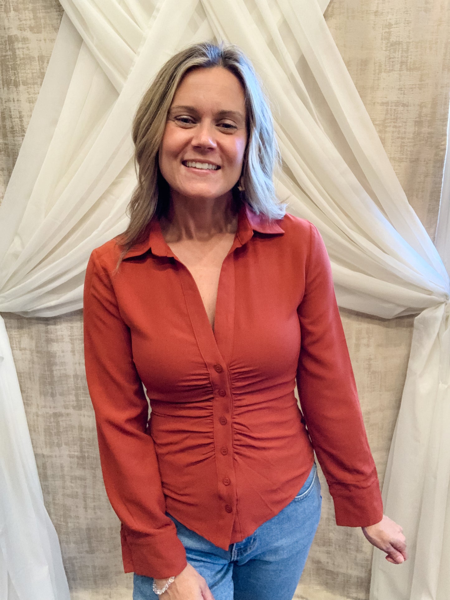 Rust Gathered Button Down Top