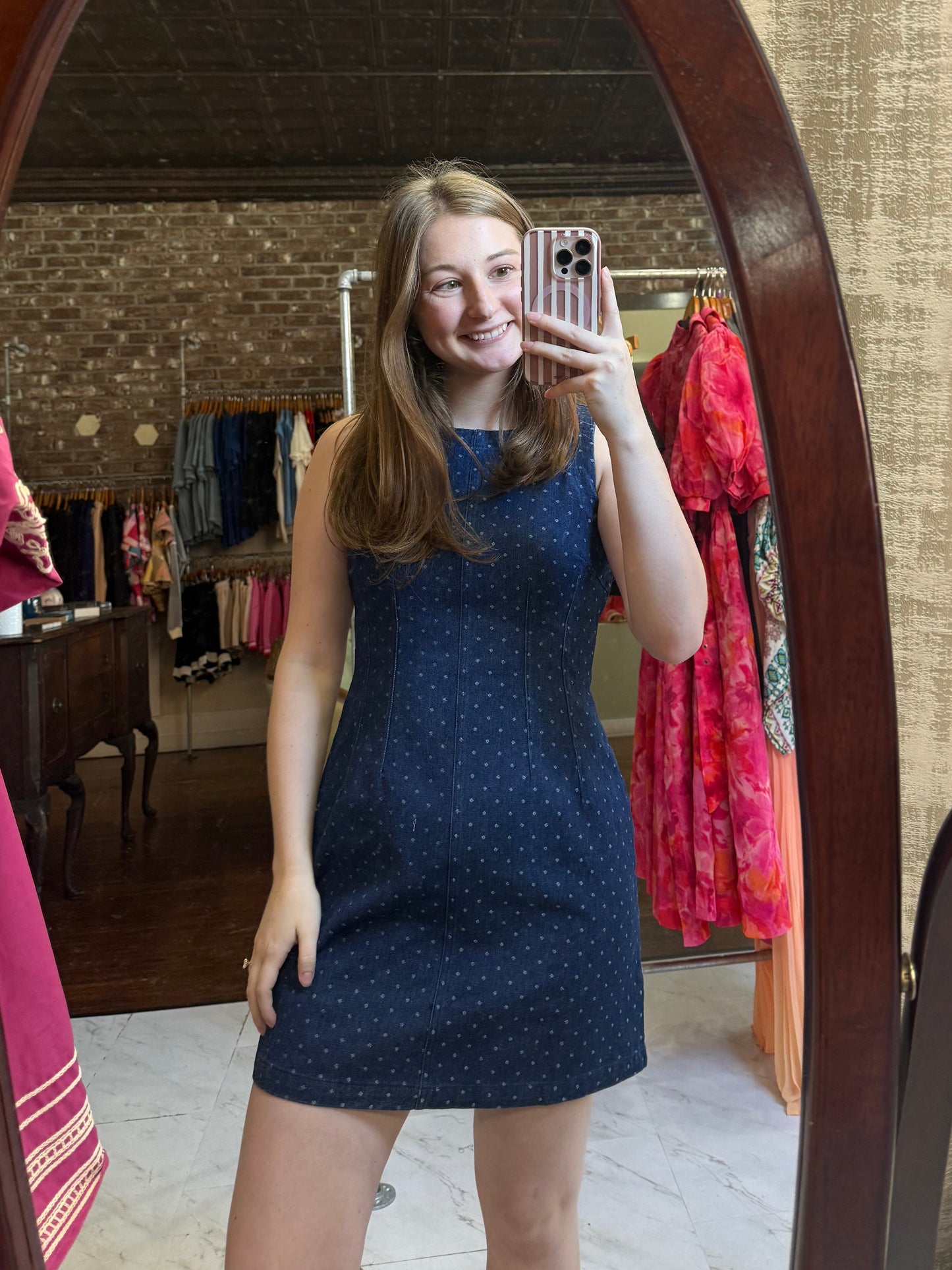 POLKA DOT SLEEVELESS SEAM DETAIL DENIM MINI DRESS