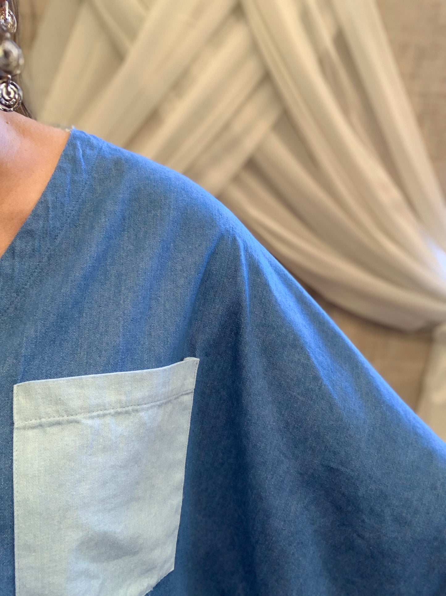 Denim Batwing Top with Contrasting Pockets