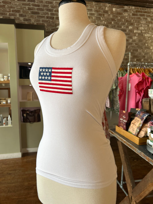Ribbed American Flag Patch Scoop Neck Tank Top - White