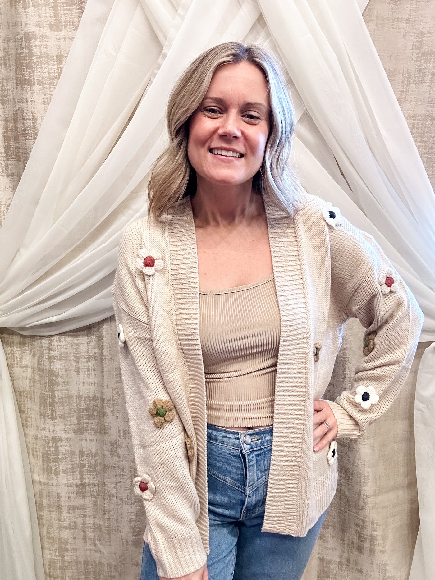 Beige Cardigan with Floral Detail