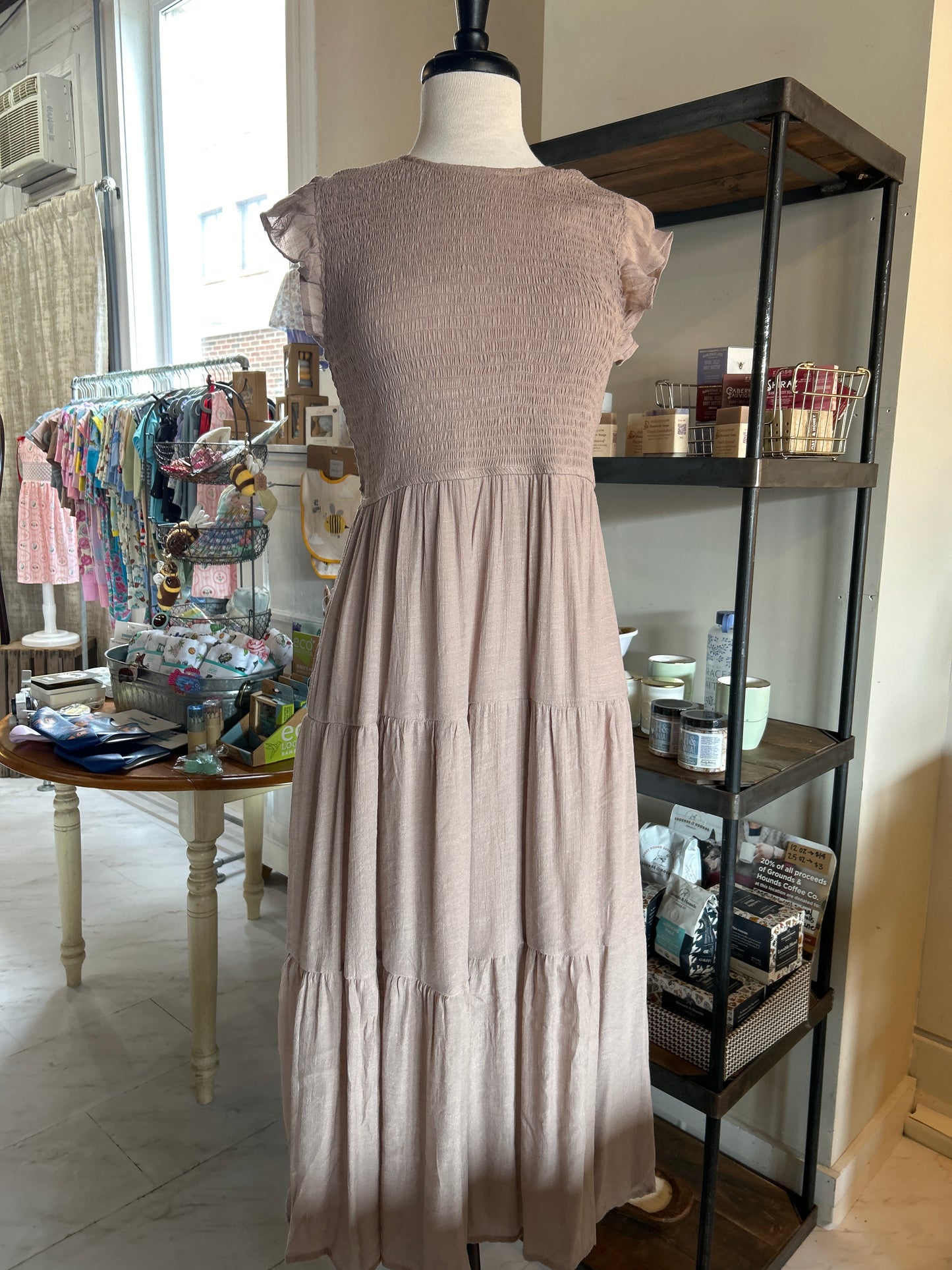 Smocked Tiered Midi Dress - Taupe