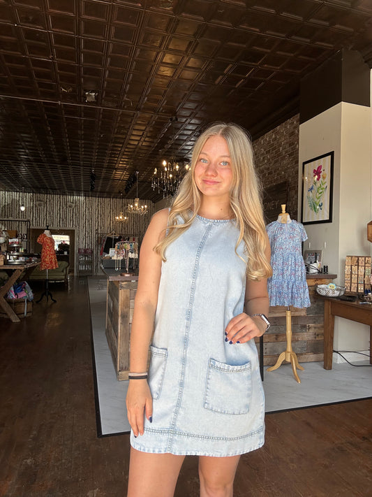Sleeveless Pocket Detail Washed Denim Mini Dress | Light
