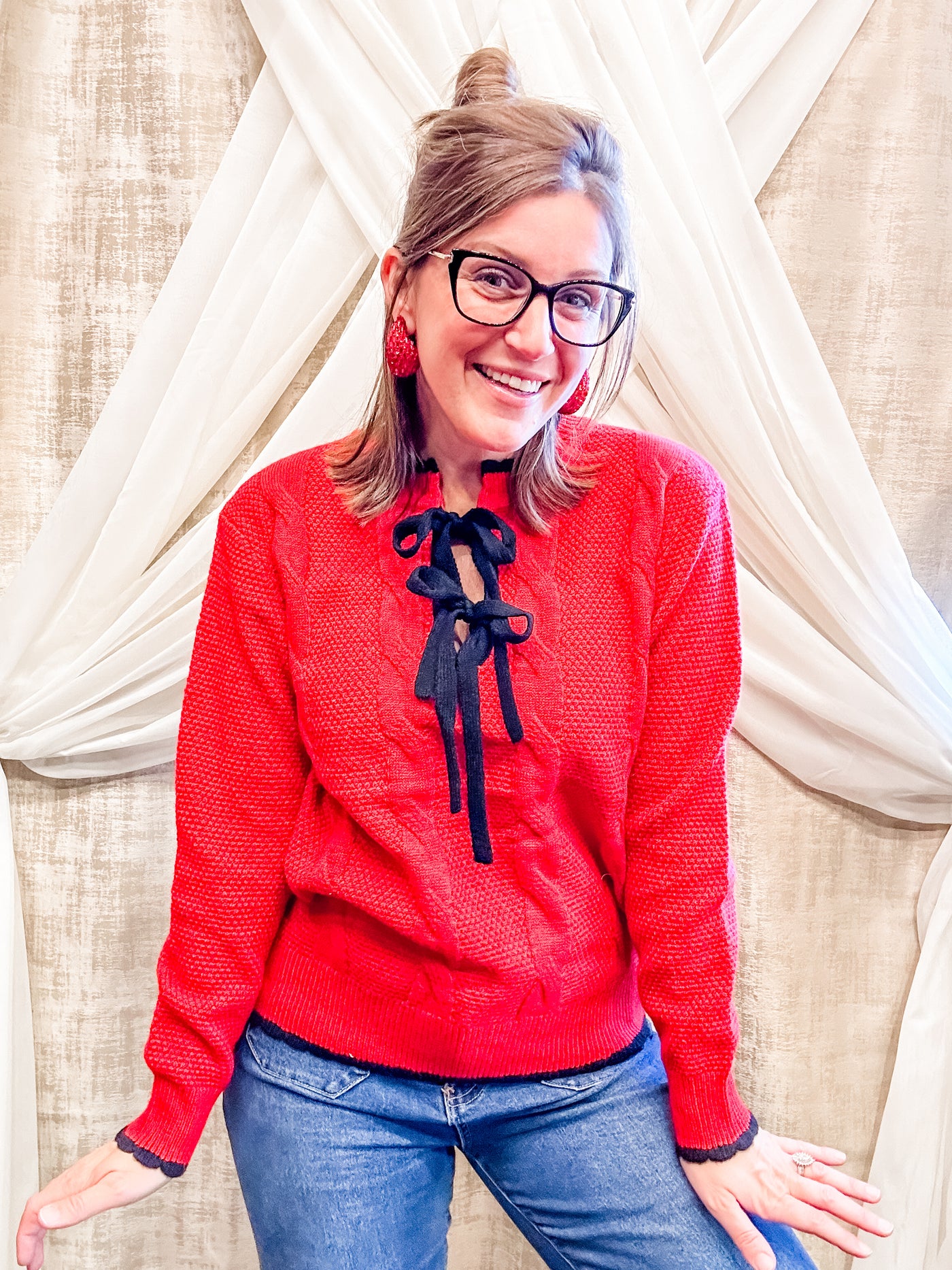 Red Front Tie Bow Sweater