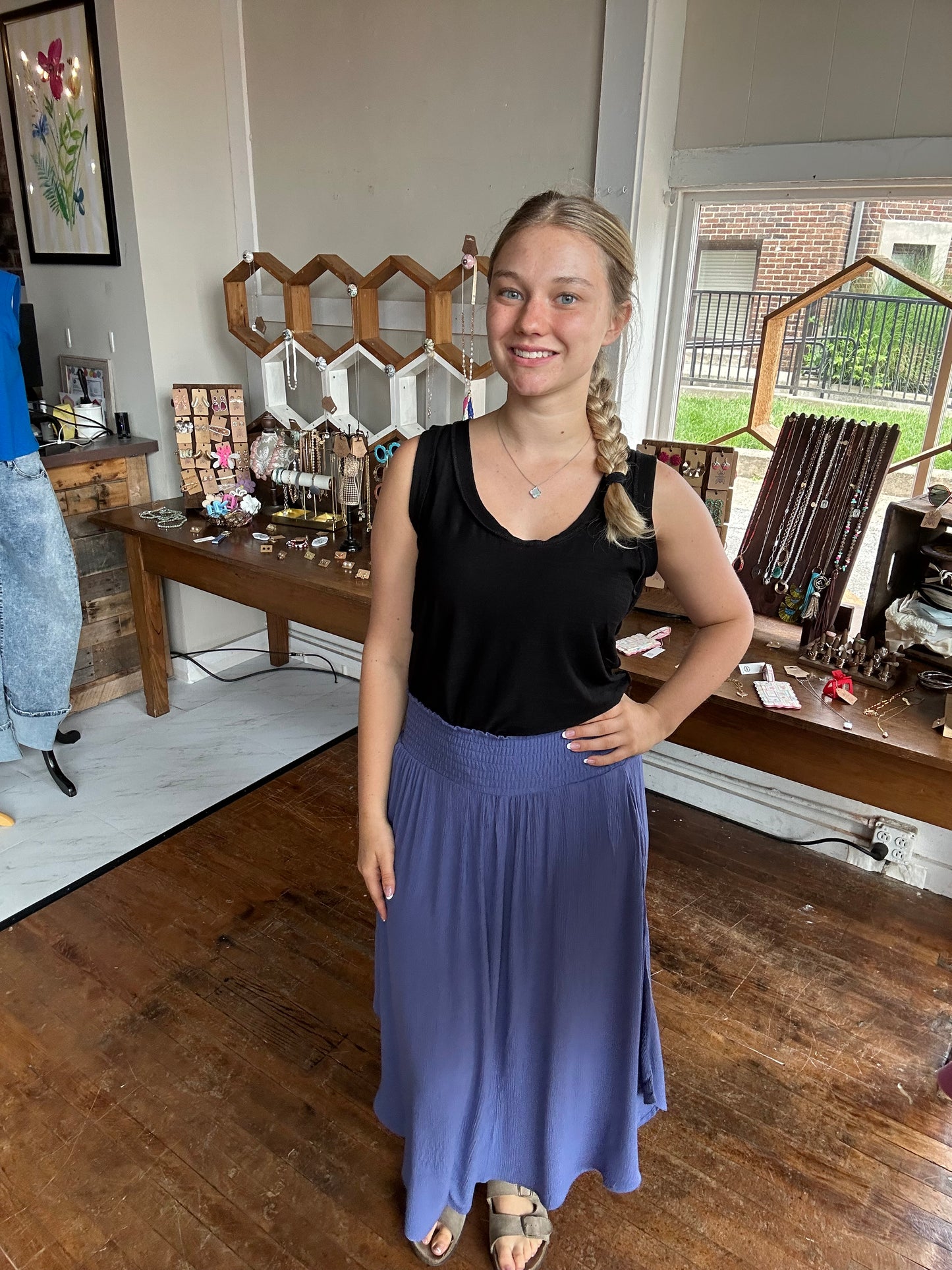 Woven Crinkle Smocked Waist Side Slit Maxi Skirt with Pockets - Marlin Blue