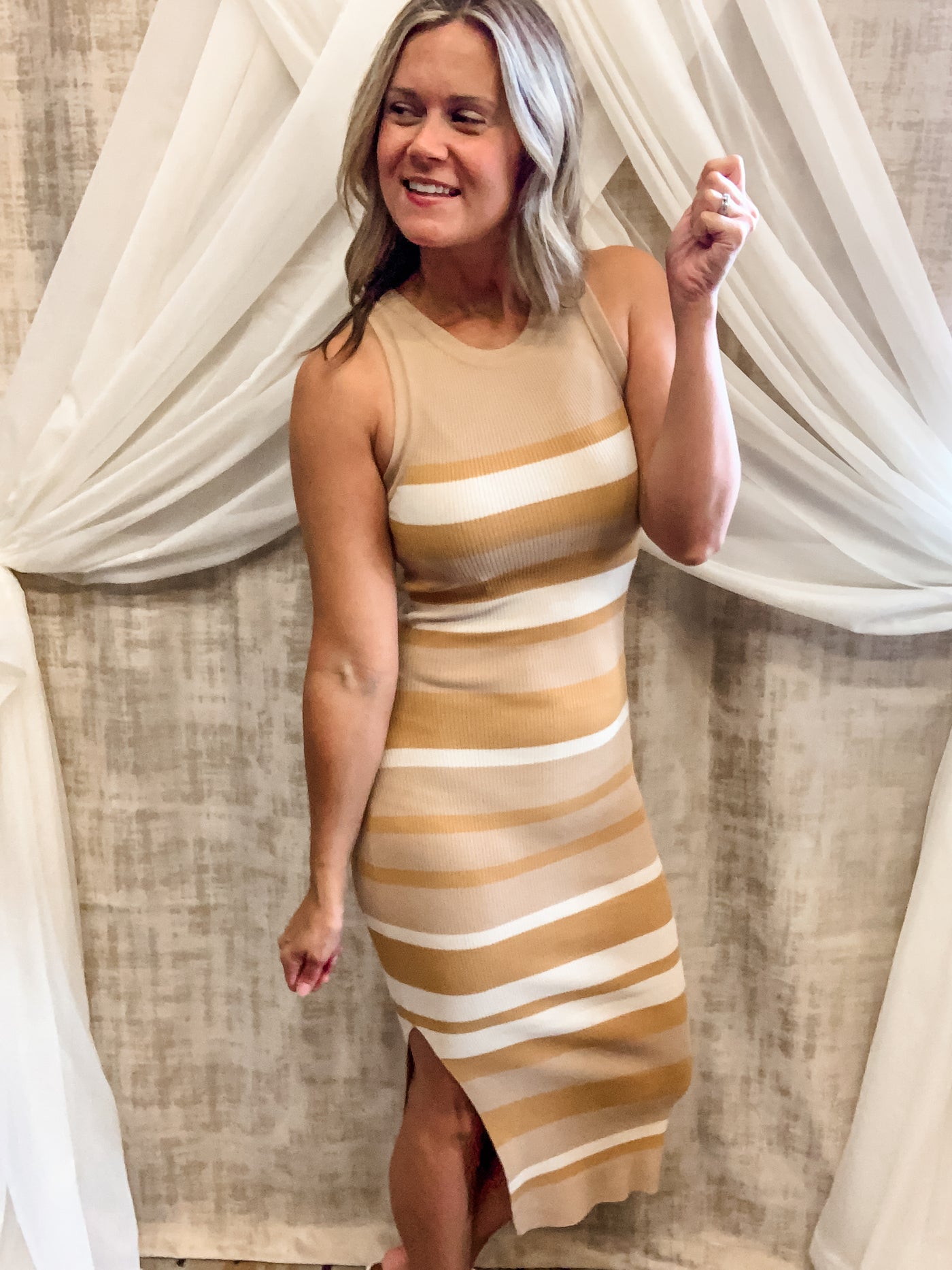 Taupe Mustard and Cream Ribbed Tank Dress