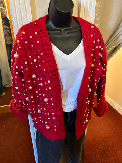 Red Open Front Cardigan with Pearl Embellishments