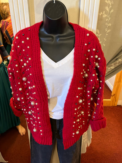 Red Open Front Cardigan with Pearl Embellishments