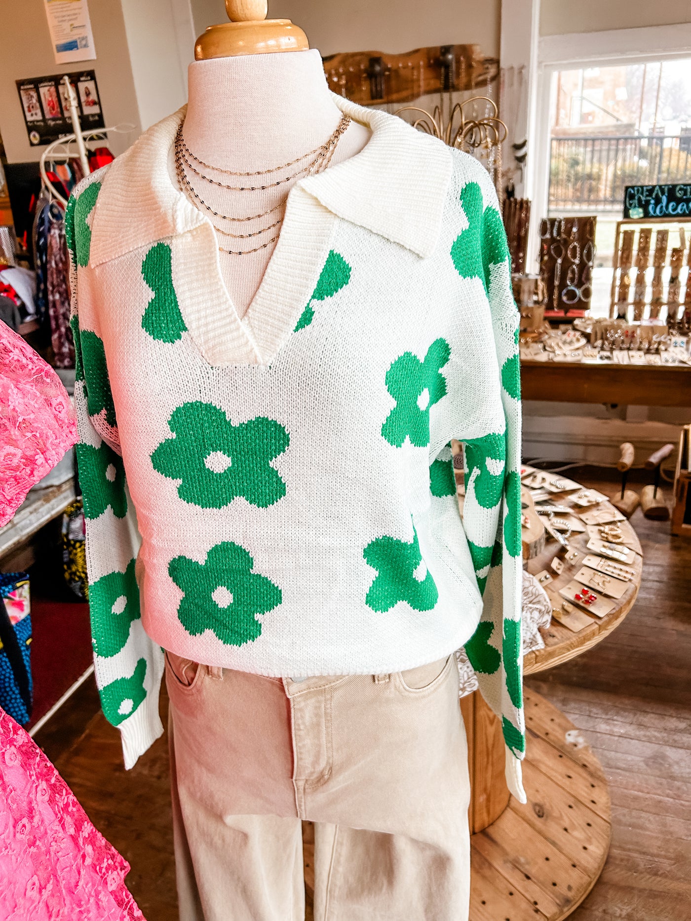 Green Floral Collared Sweater