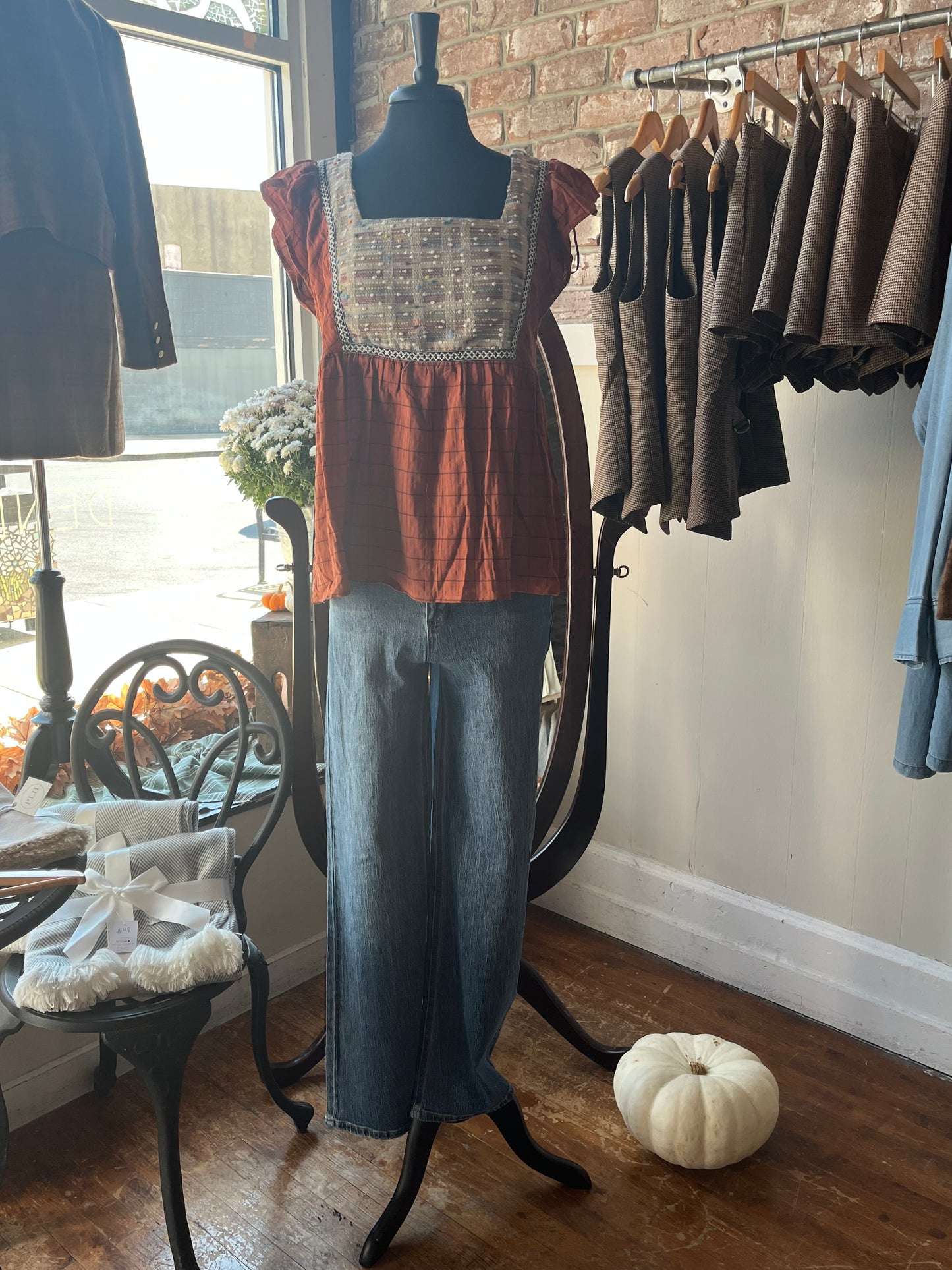 Rust Plaid Top with Front Detail