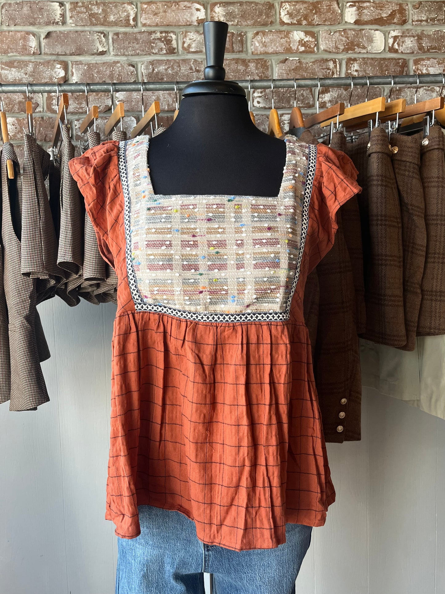 Rust Plaid Top with Front Detail