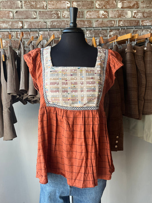 Rust Plaid Top with Front Detail