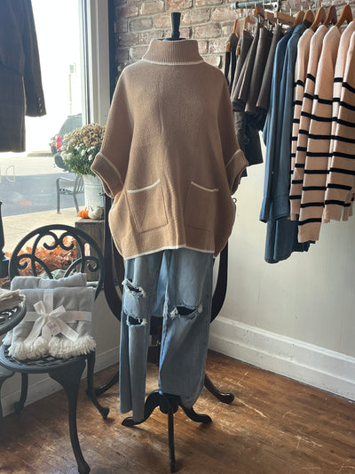 Khaki Turtleneck Top with White Contrast Stitching