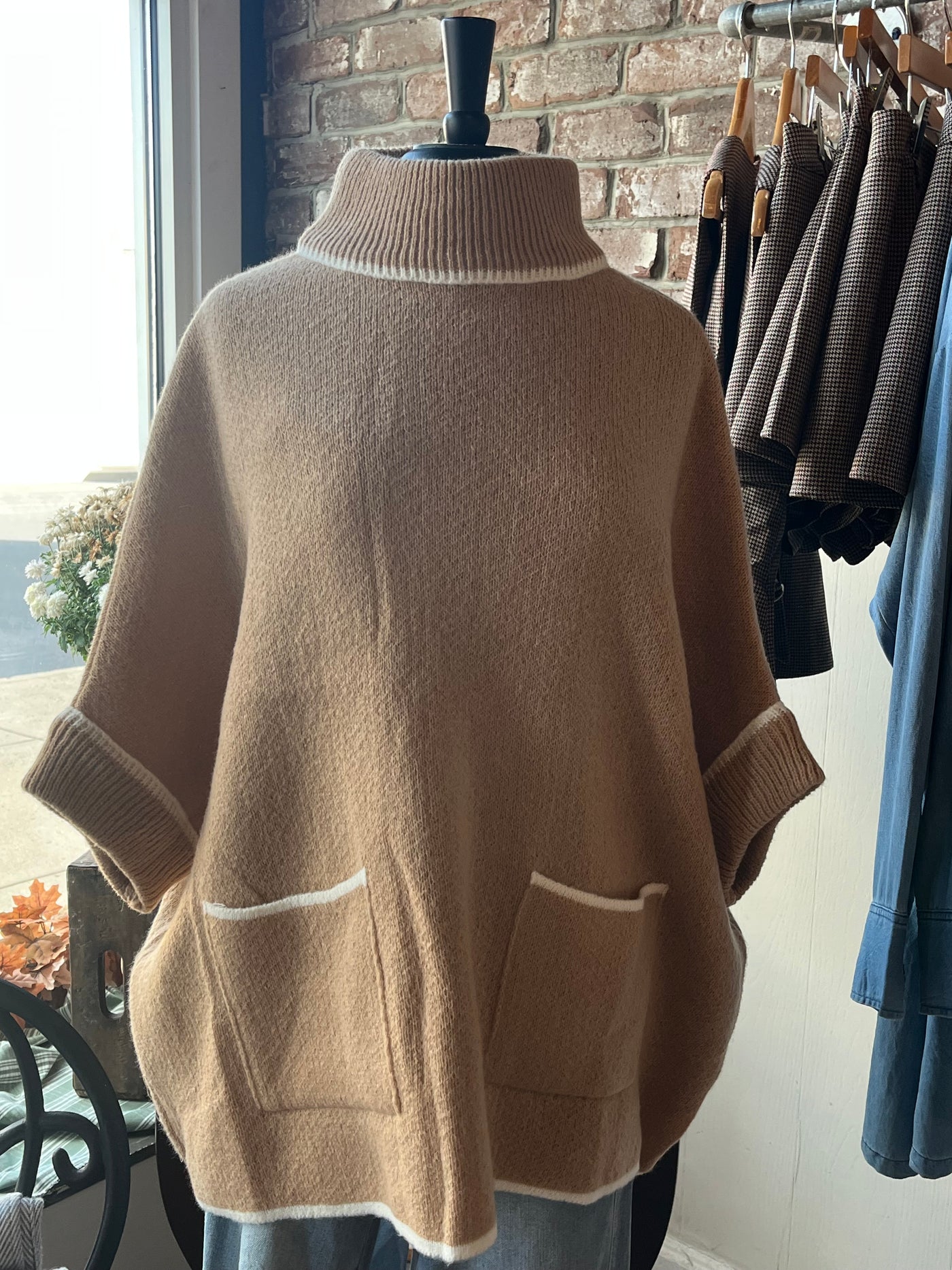 Khaki Turtleneck Top with White Contrast Stitching