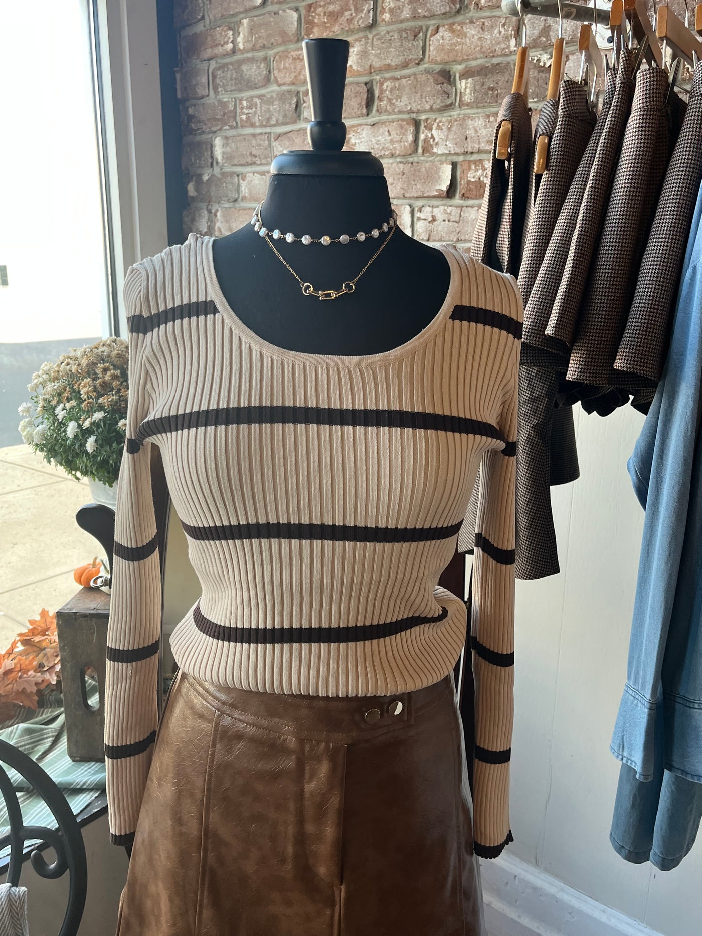 Long Sleeve Double Scoop Neck Stripe Sweater