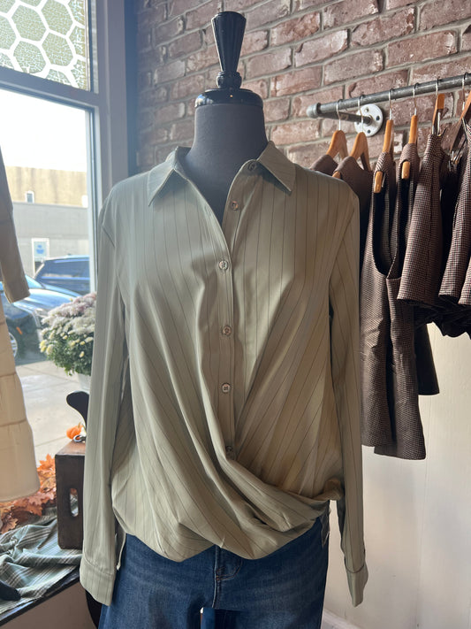 Striped Sage Green Button Up with Twisted Front
