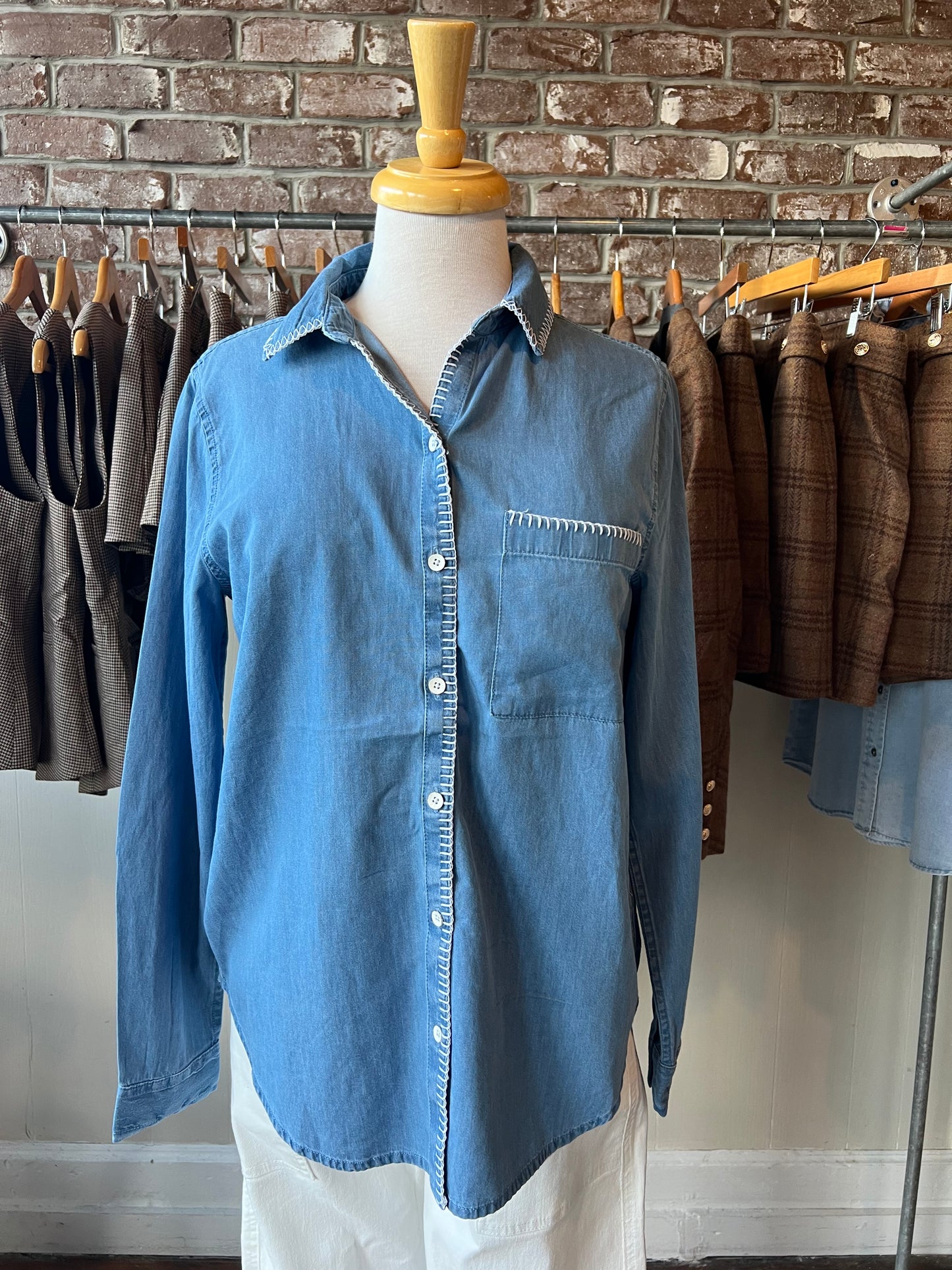 Chambray Button Up with White Contrast Stitching