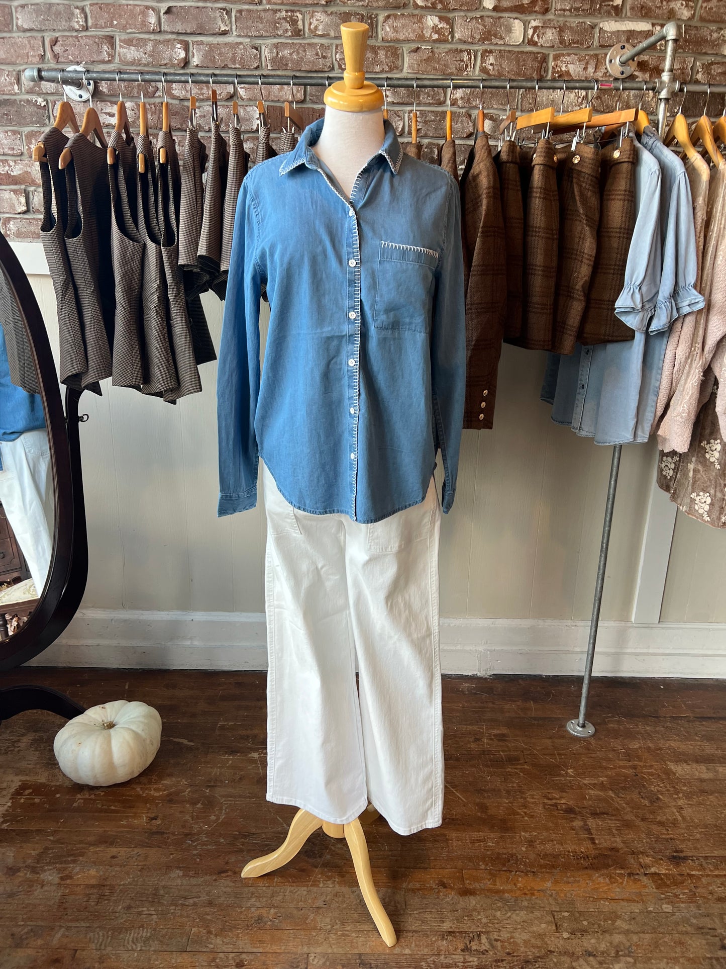 Chambray Button Up with White Contrast Stitching