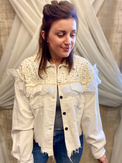 White Corduroy Jacket with Pearl and Ruffle Details