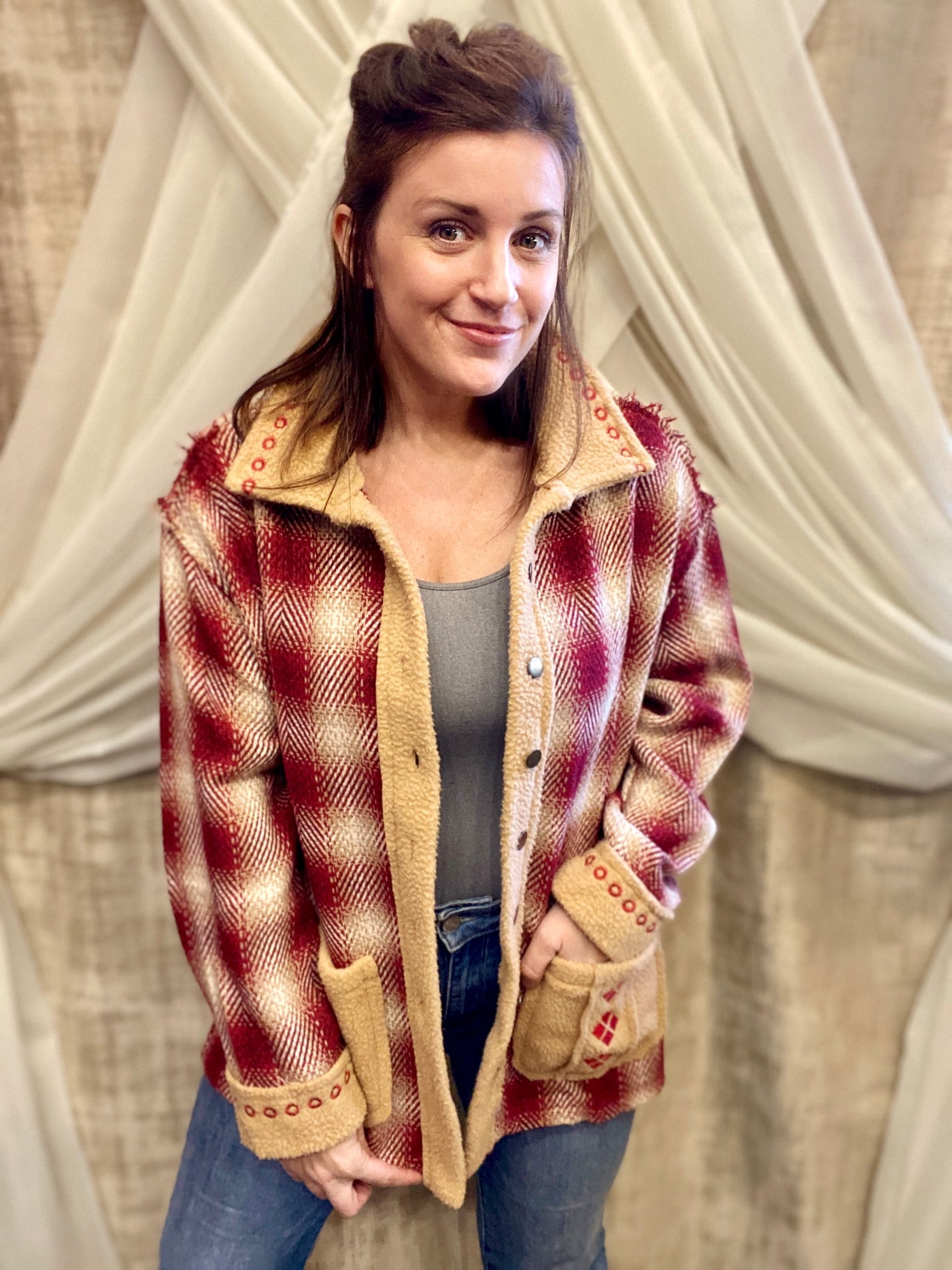 Burgundy Plaid Shacket with Embroidery