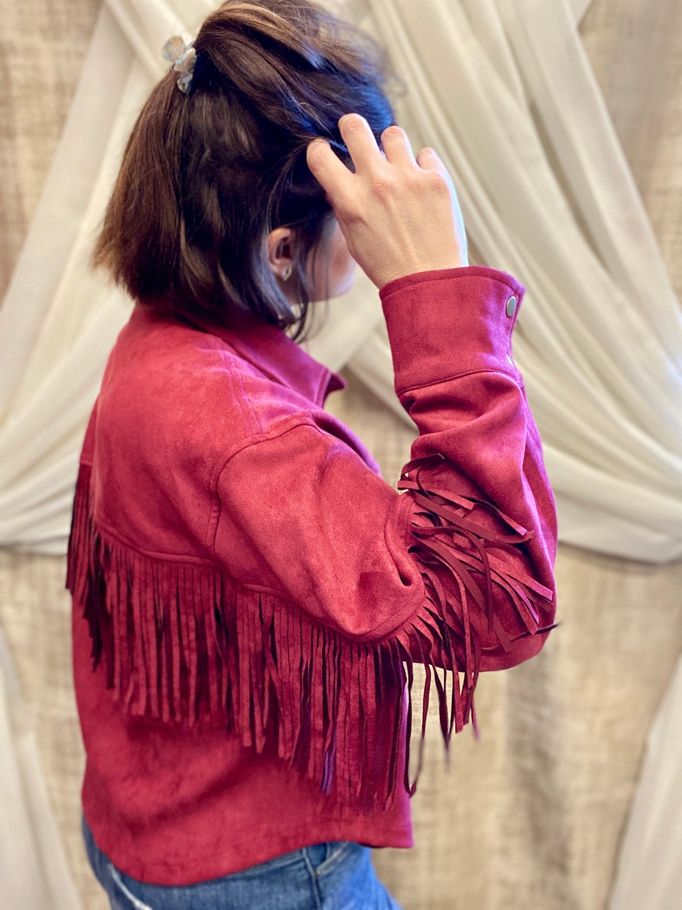 Wine Suede Jacket with Fringe Detail