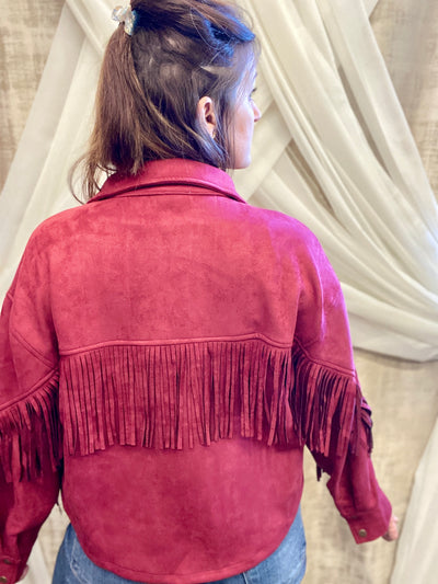 Wine Suede Jacket with Fringe Detail