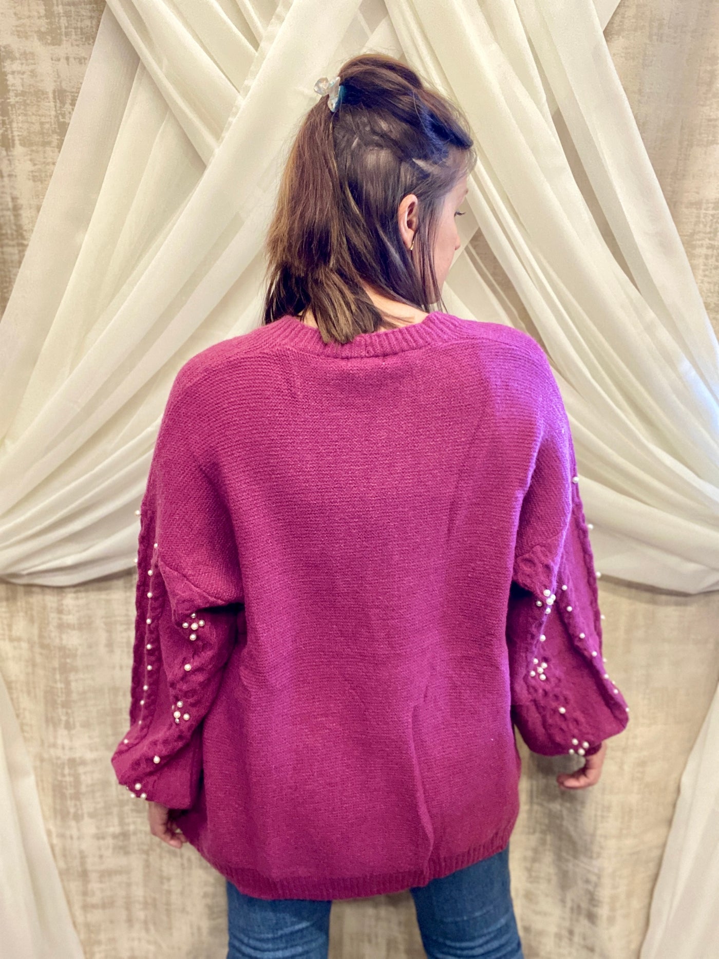 Purple Plum Cardigan with Pearl Details