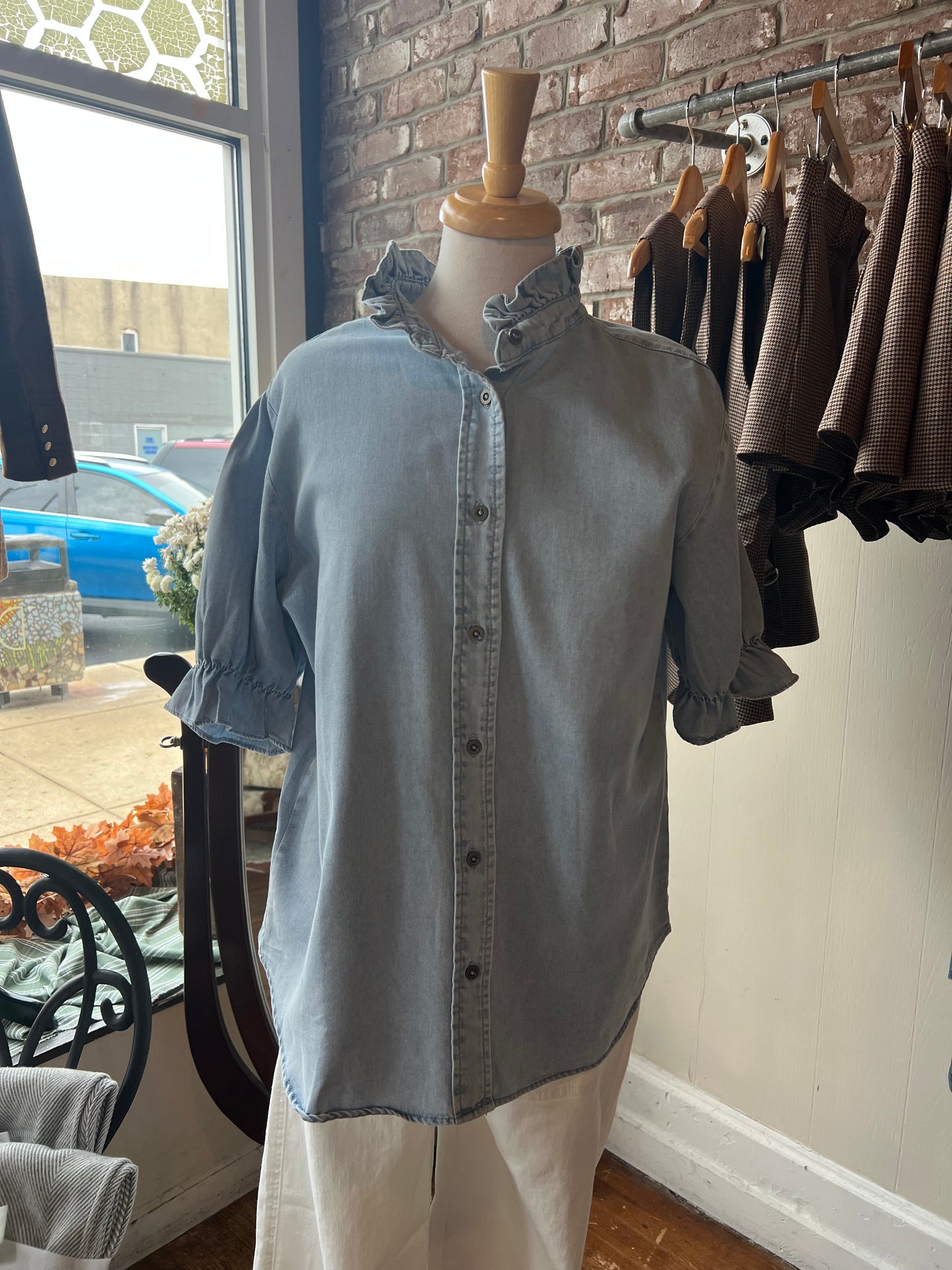 Chambray Top with Ruffle Detailing