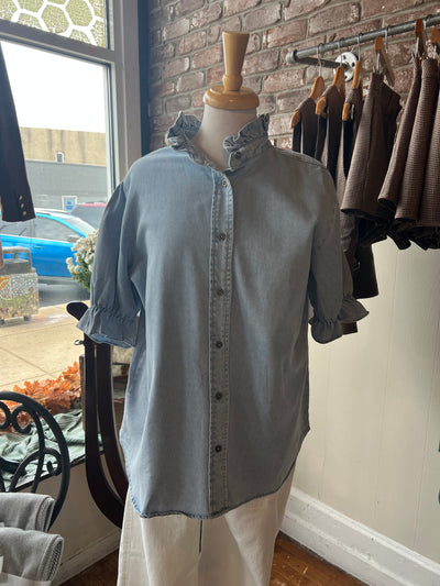 Chambray Top with Ruffle Detailing