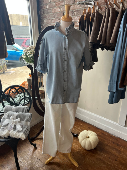 Chambray Top with Ruffle Detailing