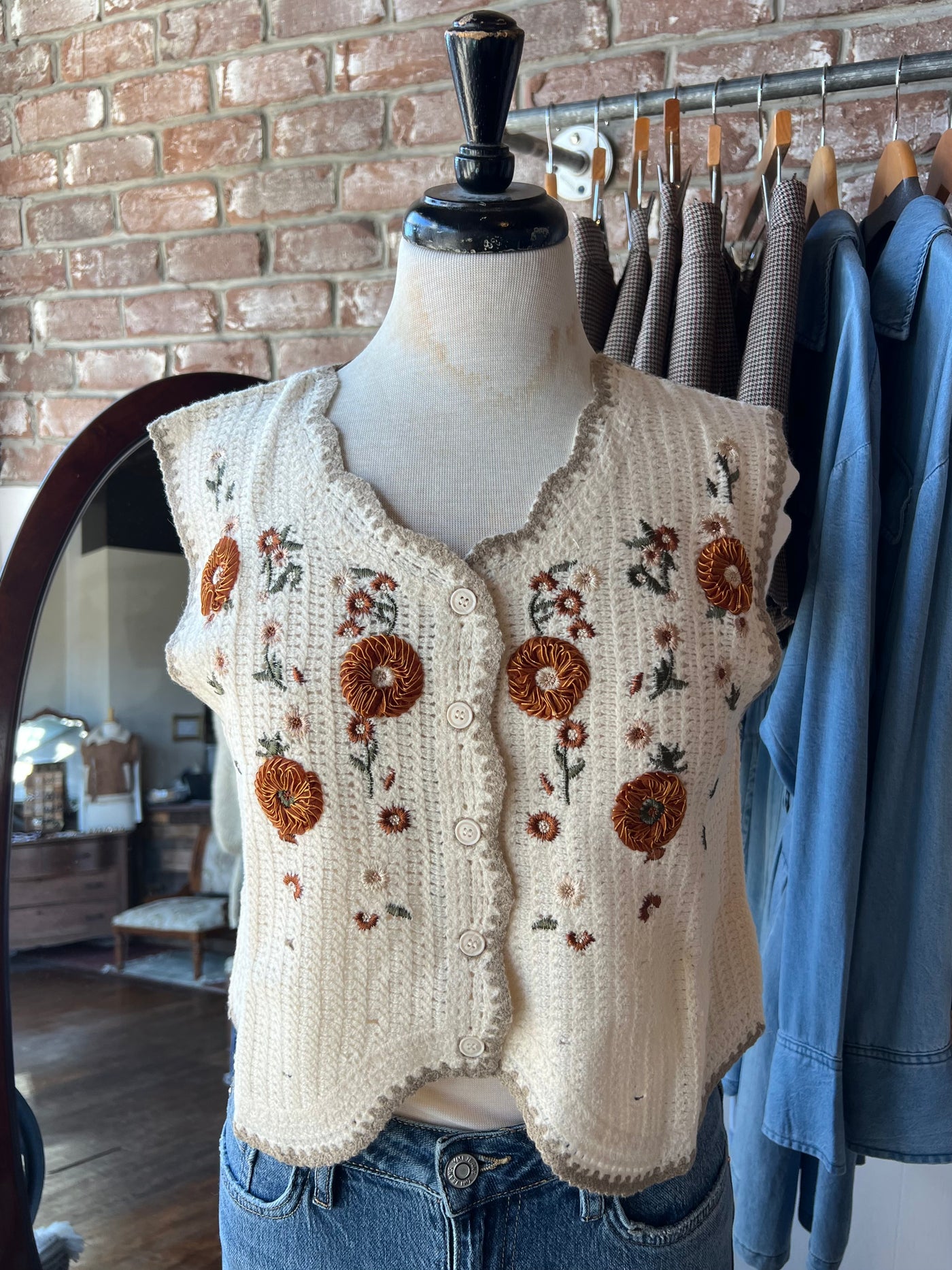 Floral Embroidered Crochet Vest