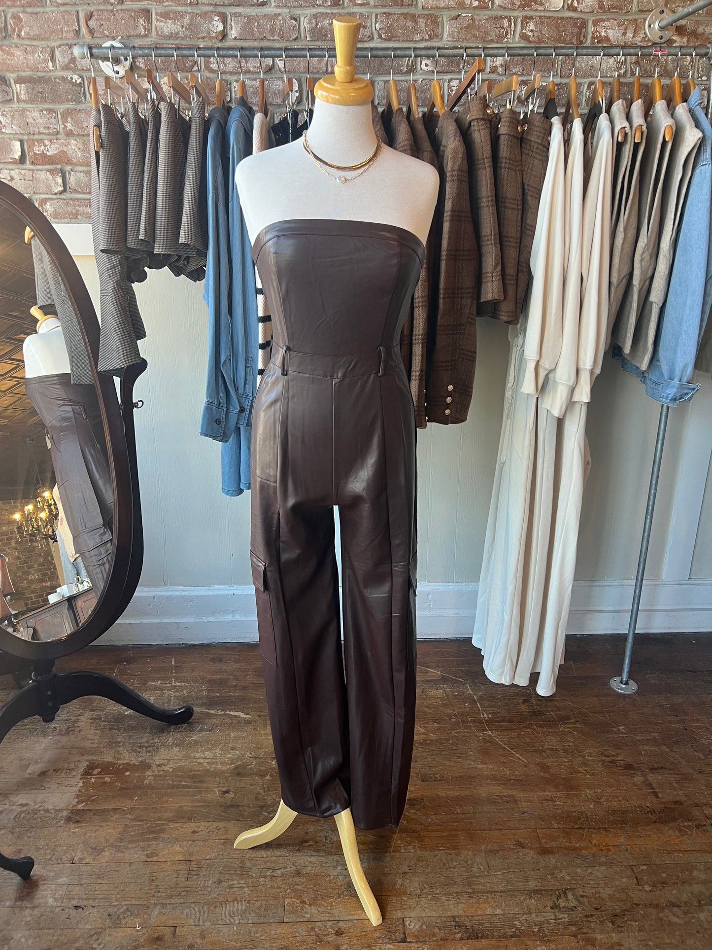 Faux Leather Tube Jumpsuit with Pocket Detail