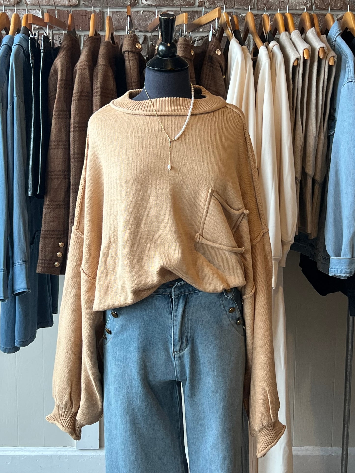 Khaki Dolman Sleeve Sweater with Pocket