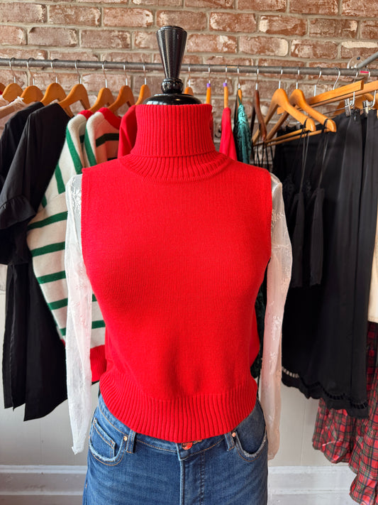 Red Sleeveless Turtleneck Sweater Top