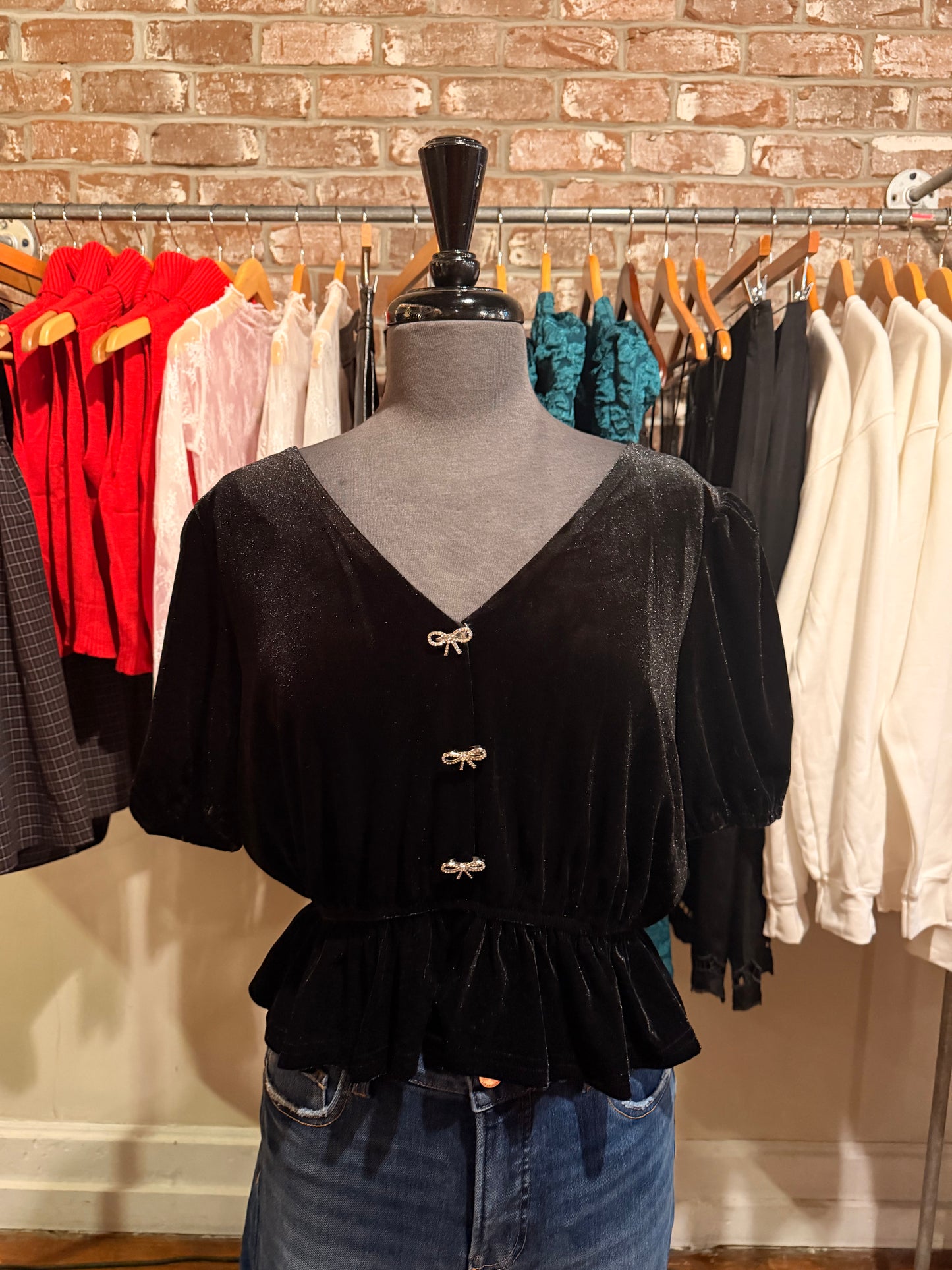 Black Velvet Top with Rhinestone Bows