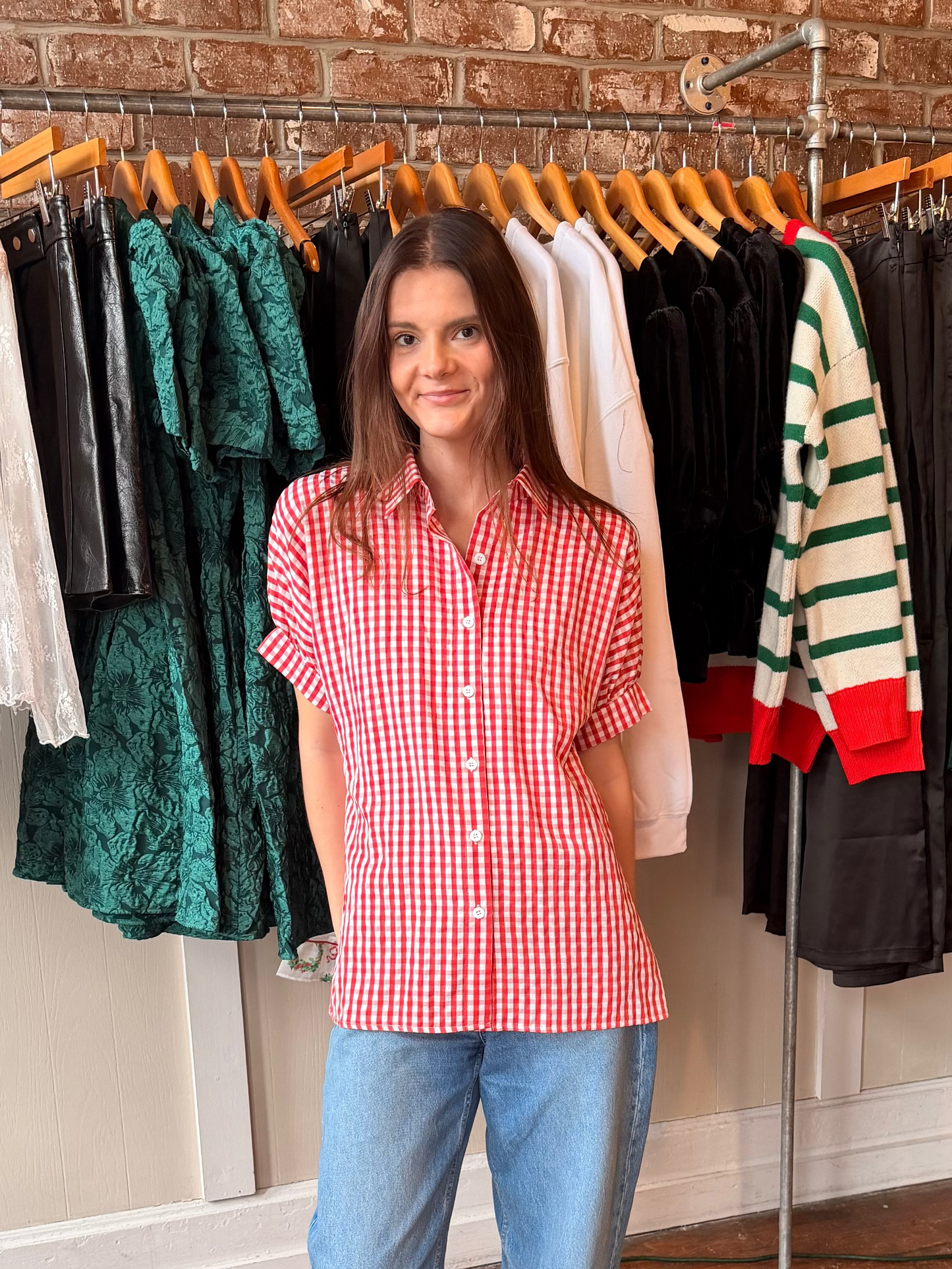 Red/White Plaid Button Up