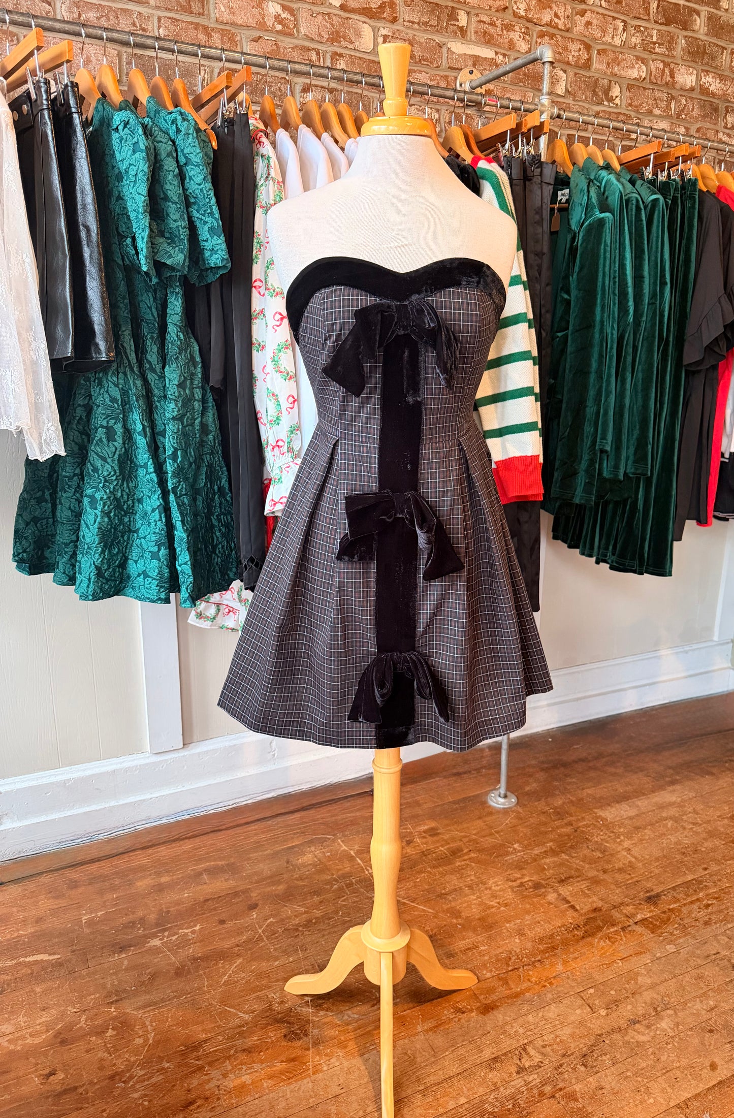 Plaid Strapless Dress with Velvet Bows