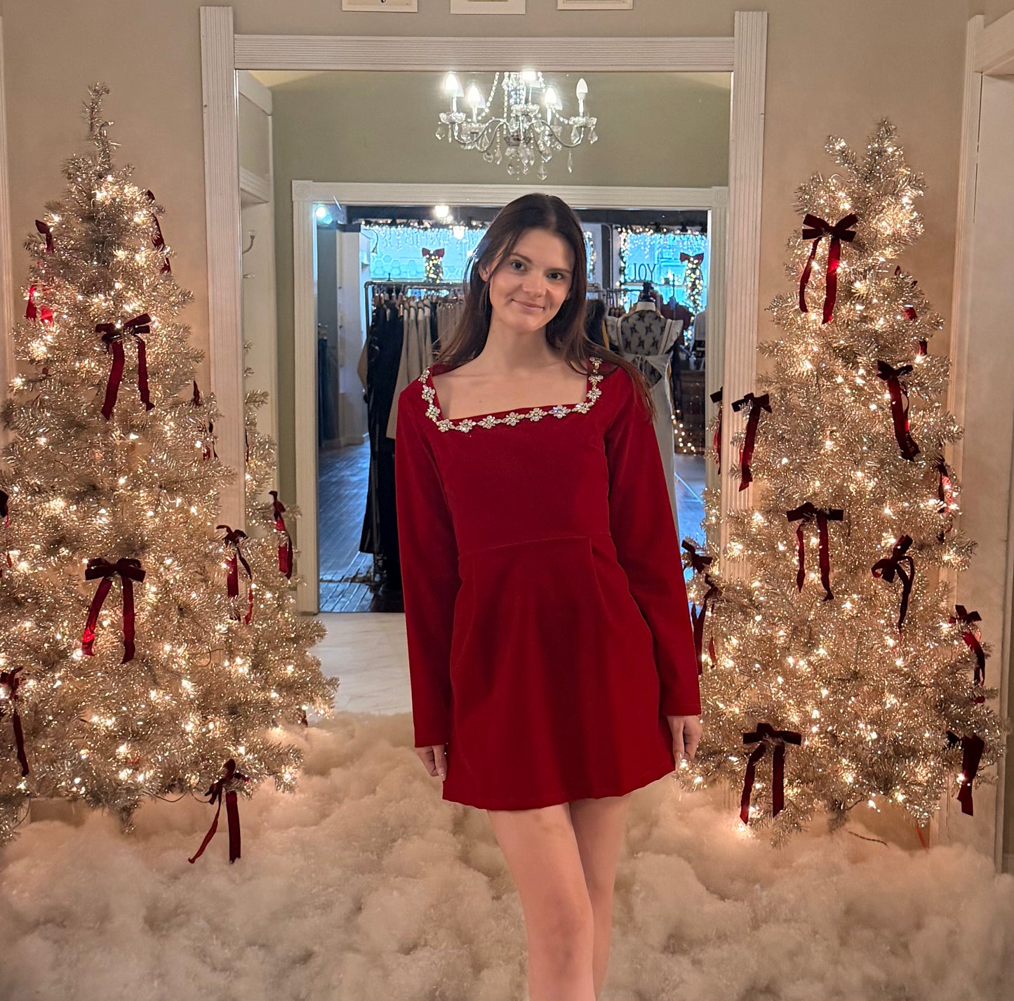 Red Velvet Dress with Rhinestone Detailed Square Neckline