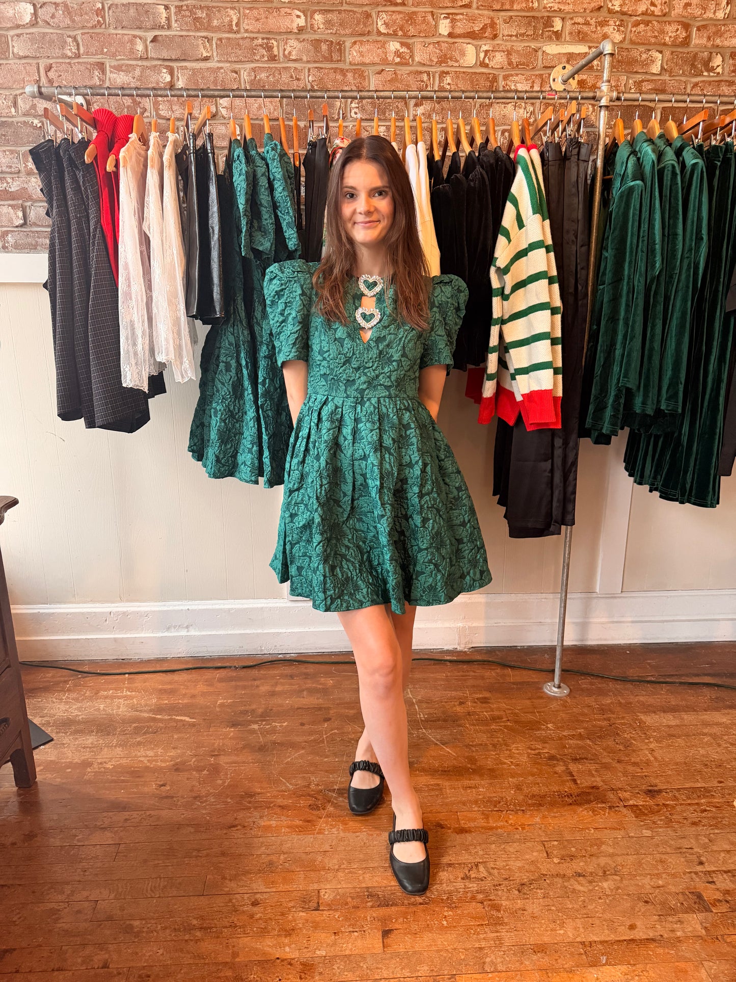 Green Jacquard Dress with Puff Sleeves